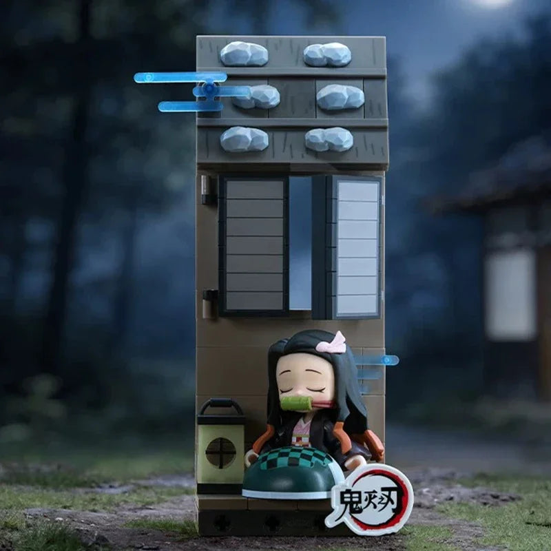 Collectible blind box figures of Demon Slayer characters in a wooden display box.