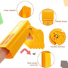 Yellow kids excavator digging toy tool showing various features like large capacity, simple design, flexibility, and high-qua