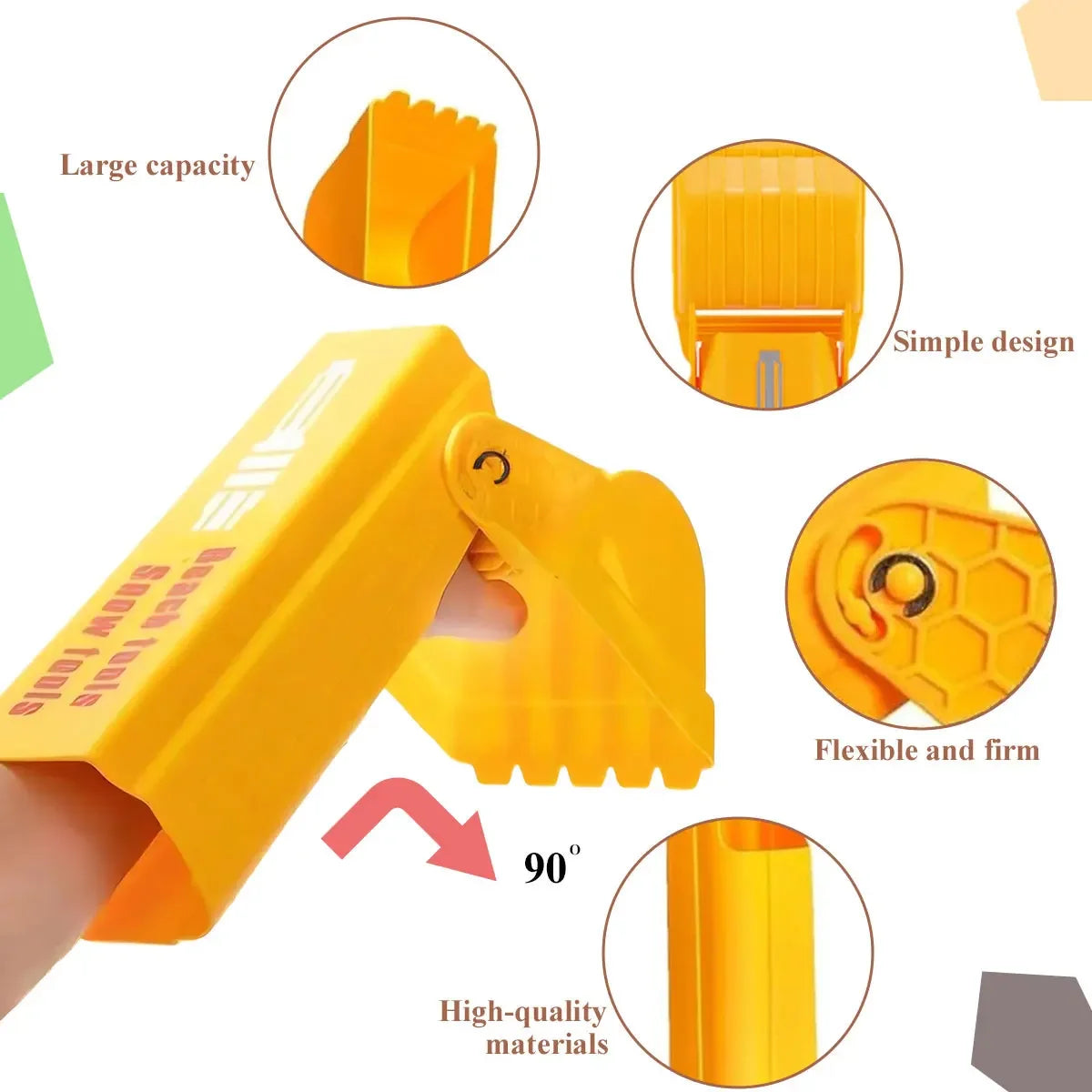 Yellow kids excavator digging toy tool showing various features like large capacity, simple design, flexibility, and high-qua