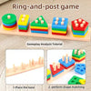 A set of colorful ring-and-post game blocks showing how to place the base and perform shape matching.