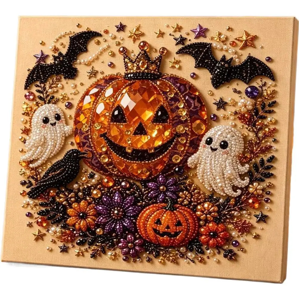 A detailed mosaic art kit featuring a carved pumpkin and ghost made from various colored pearls and glitter.