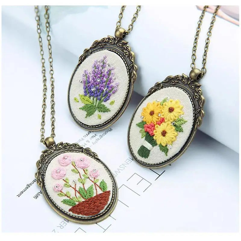 Embroidery Necklace Pendant Starter Kit with Hoop and 3 Patterns
