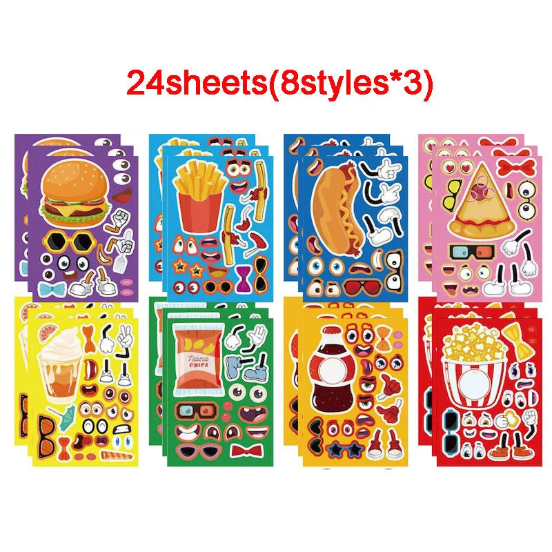 A collection of 24 sheets of DIY pizza sticker craft kits featuring various food items and designs.