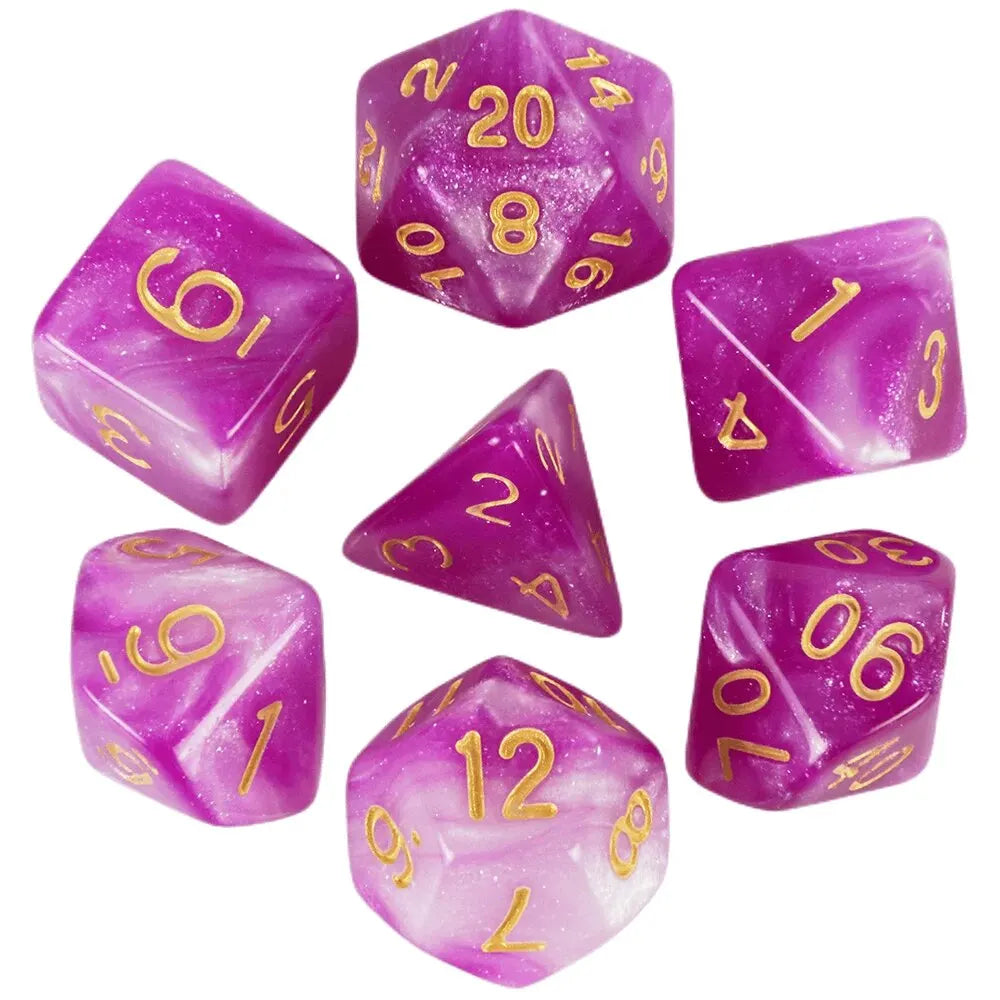 A set of purple and pink galaxy polyhedral dice showing various numbers and cosmic effects.