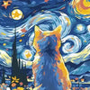 A stylized painting of a cat looking up at a bright yellow moon and stars in a dark blue night sky.