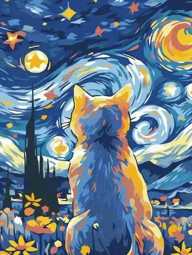A stylized painting of a cat looking up at a bright yellow moon and stars in a dark blue night sky.
