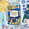A sticker book featuring nocturnal cosmos designs, including celestial bodies and animals, for planners and journals.