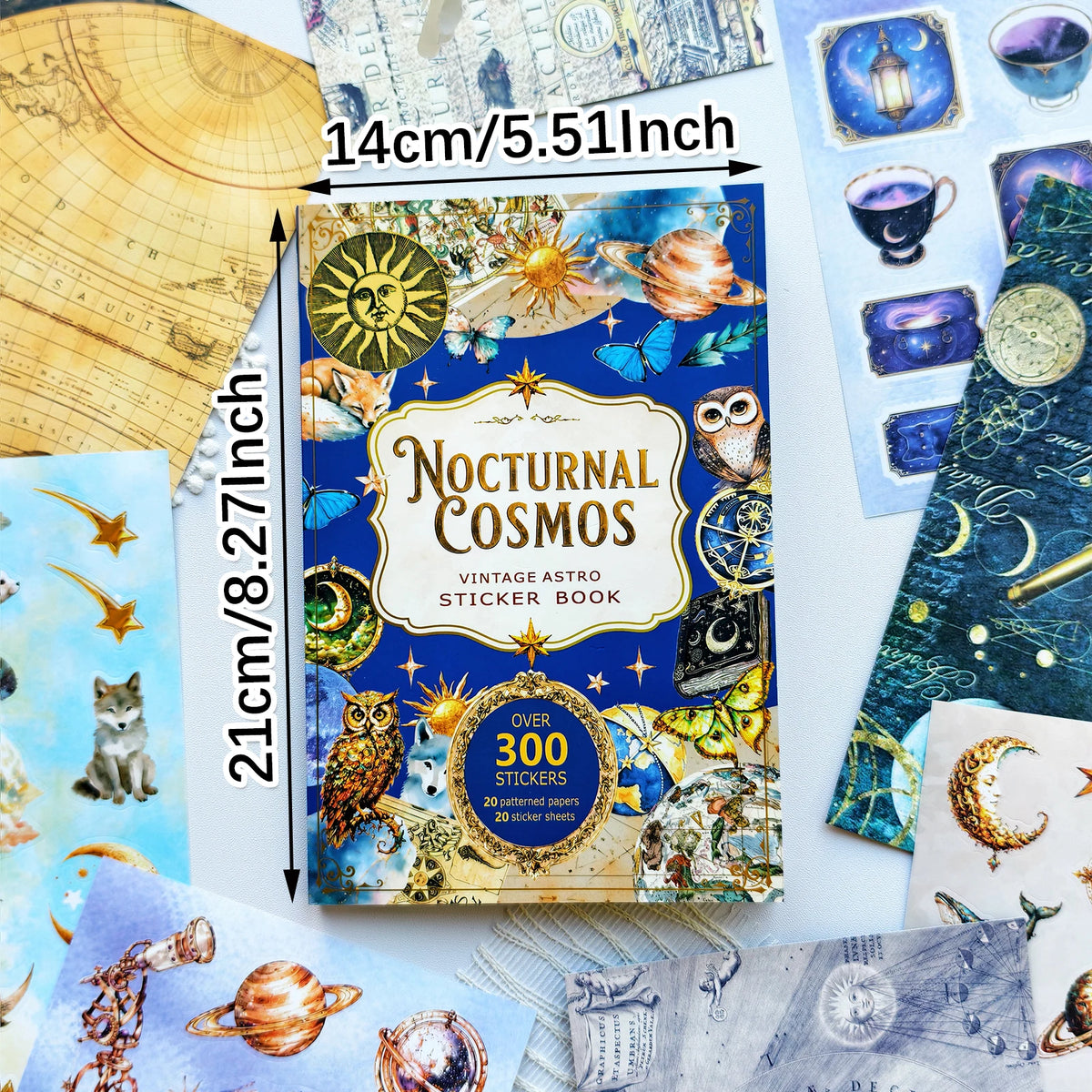 A sticker book featuring nocturnal cosmos designs, including celestial bodies and animals, for planners and journals.