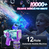 A child is using a purple and teal light-up bubble gun to blow colorful bubbles.