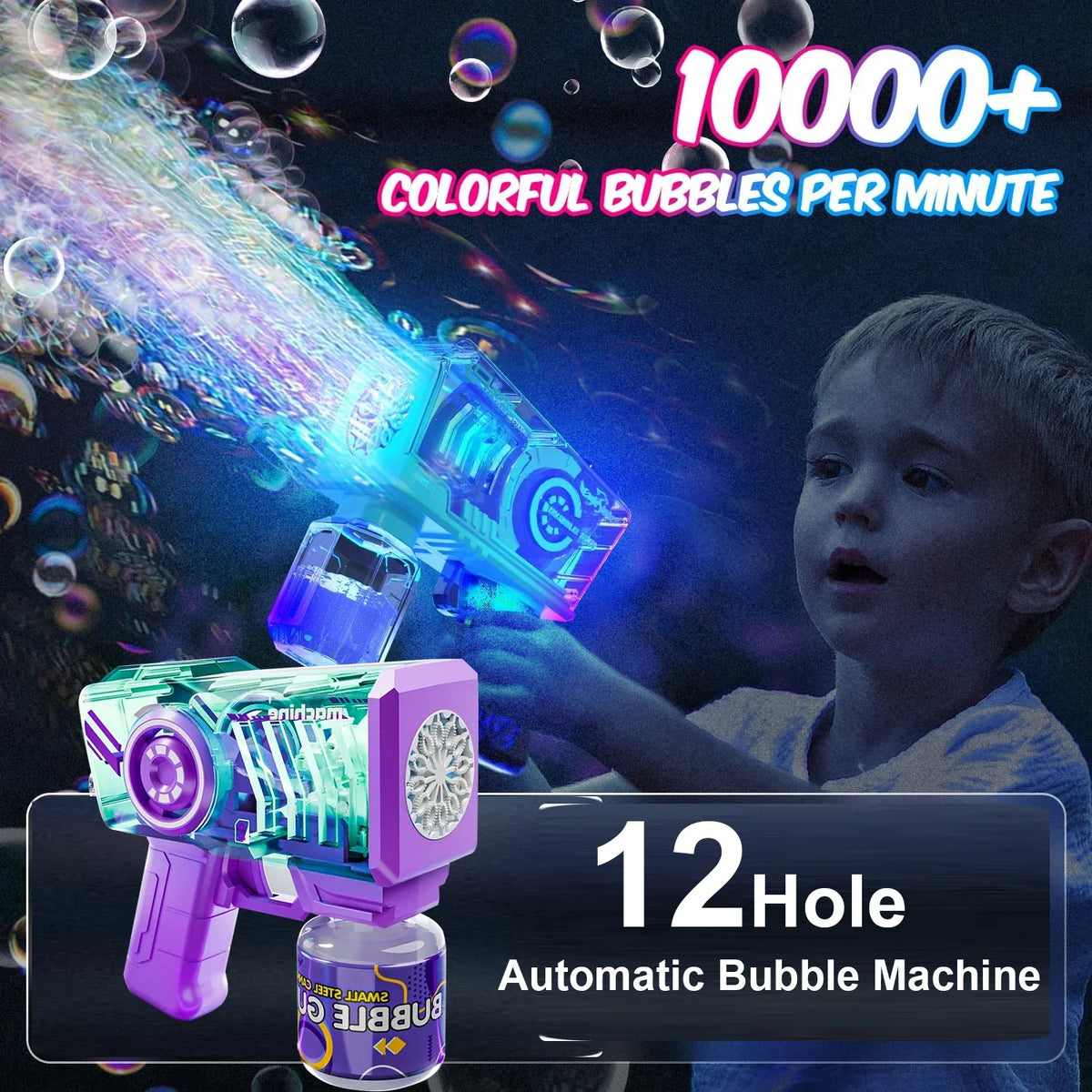 A child is using a purple and teal light-up bubble gun to blow colorful bubbles.