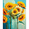 A vibrant painting of yellow and orange sunflowers against a teal background.