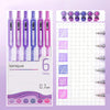 A set of six purple and pink retractable gel pens with 0.7mm tips displayed next to a grid for writing practice.