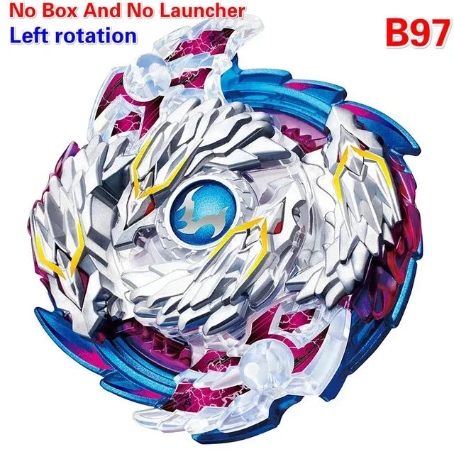 Ein klarer, rotierender Metall-Gyroskopspielzeug mit lila und blauen Akzenten, von der Seite gezeigt.