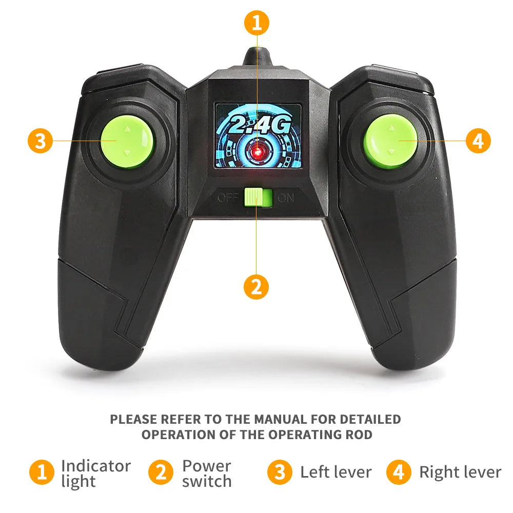 A black remote control car with an LED display and four levers for operation.