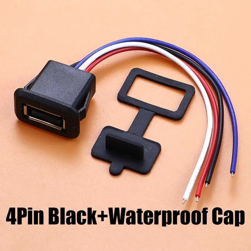 A 4-pin black waterproof connector with multicolored wires and a female jack terminal.