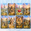 A set of twelve tarot cards featuring various suits like Swords, Cups, Wands, and the World.