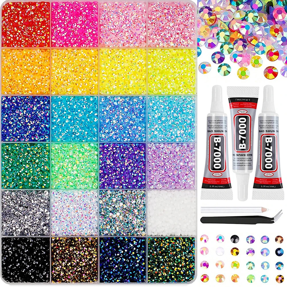 A collection of glitter and rhinestone powders in various colors and shades for DIY crafts.
