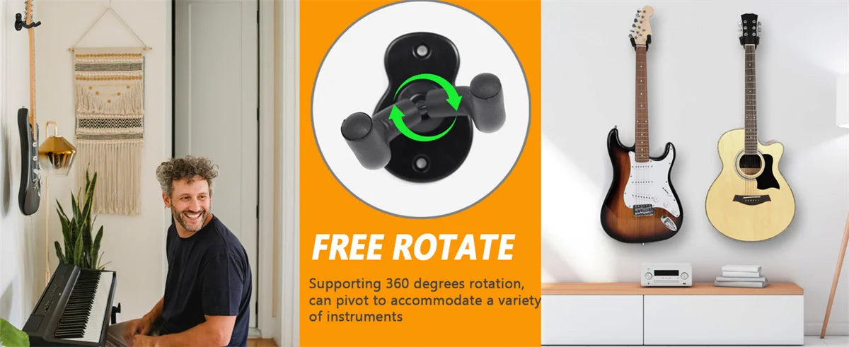 A black wall-mounted guitar hanger with a free rotate feature, shown next to guitars.