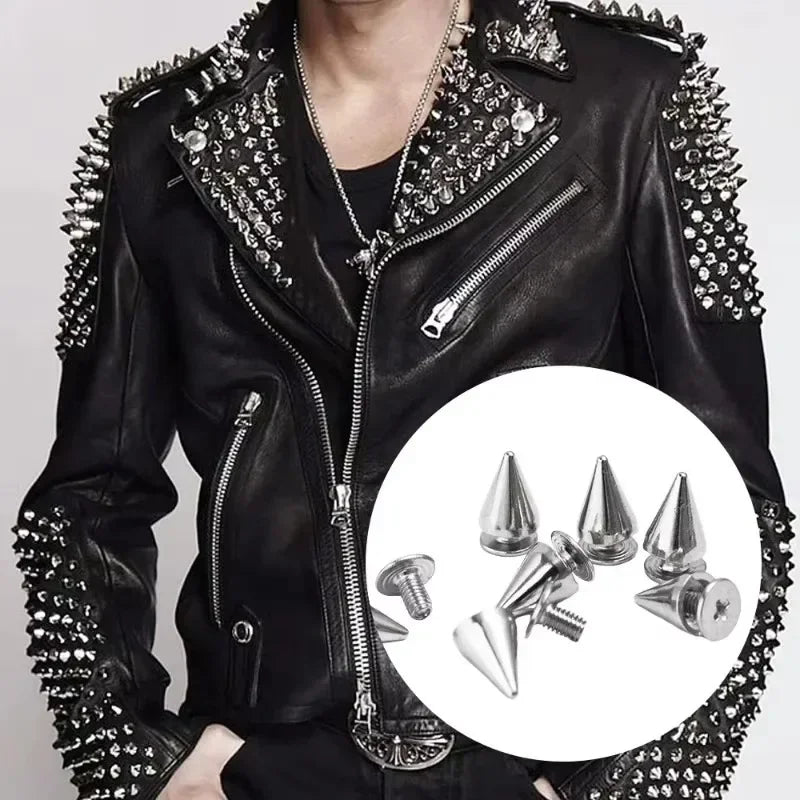 Black leather jacket featuring silver punk cone spike rivets and studs on the collar and sleeves