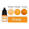 A set of orange liquid candle wax pigment drops shown in various quantities: one, five, and ten drops.
