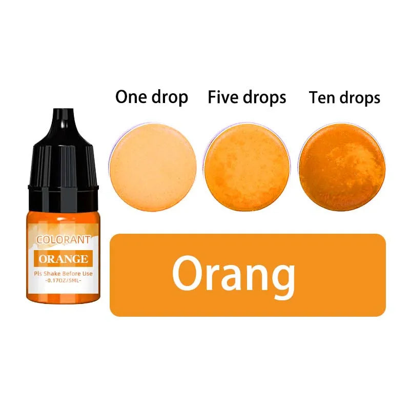 A set of orange liquid candle wax pigment drops shown in various quantities: one, five, and ten drops.