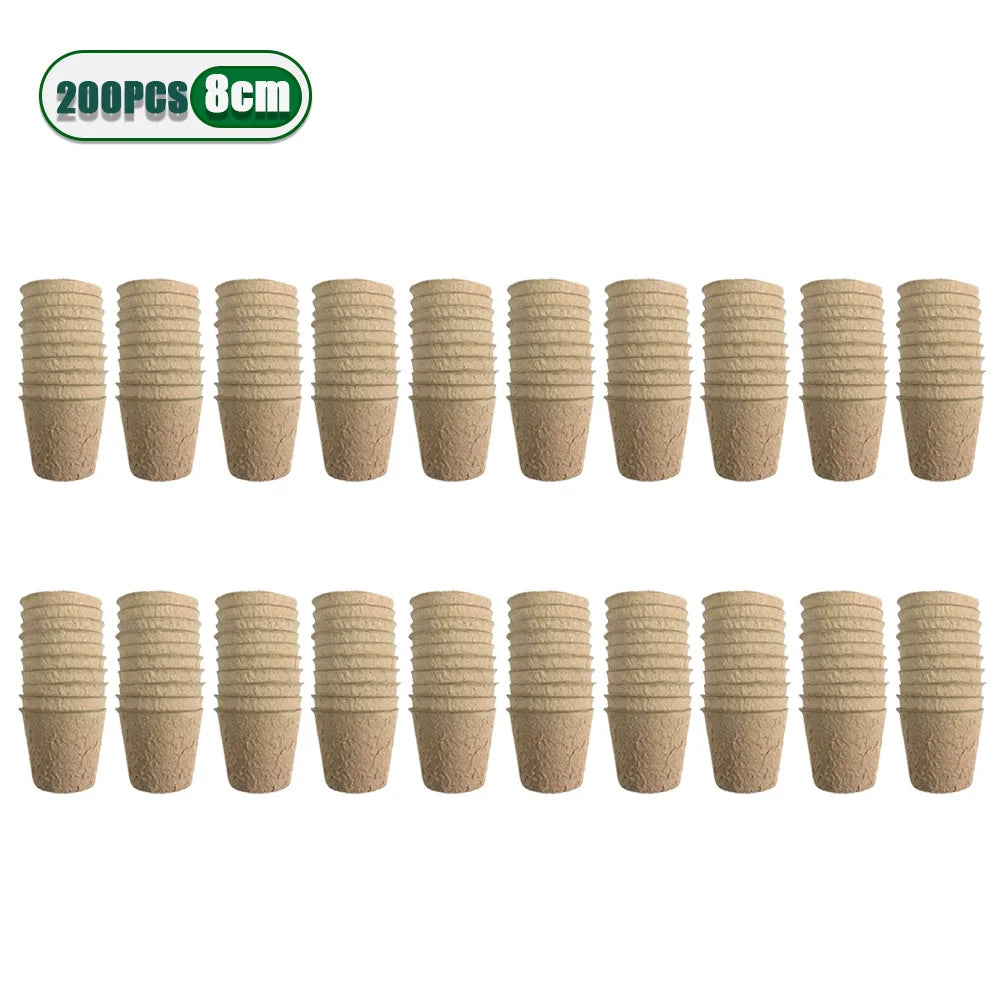 A row of 200 biodegradable peat pots for seed starting, approximately 3.15 inches in size.