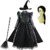 Black Wicked Witch costume dress for girls featuring a pointed hat and ruffled skirt