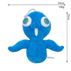 A bright blue plush toy resembling a stylized, round creature with large eyes and a small nose.