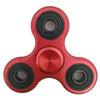 A close-up view of a red aluminum alloy fidget spinner with precision bearings.