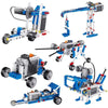A collection of blue and gray motorized building blocks and mechanisms for STEM education.