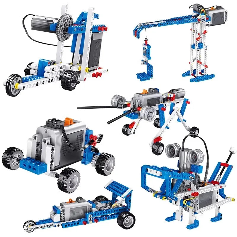 A collection of blue and gray motorized building blocks and mechanisms for STEM education.