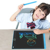 A young girl holds a blue pen above an LCD writing tablet displaying a drawing.