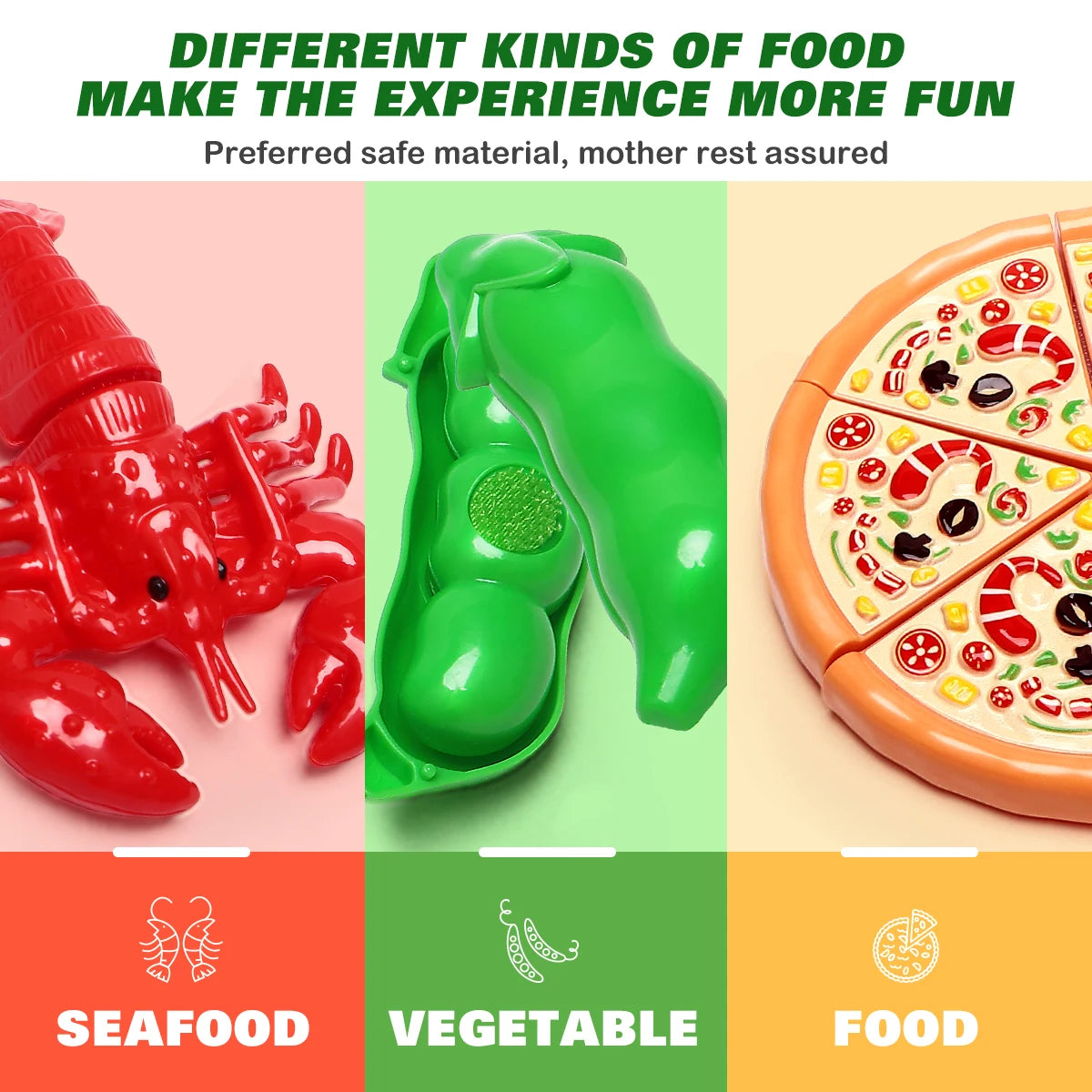 A set of pretend play food items including seafood, vegetable, and general food pieces for children.