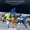 A detailed mechanical shark building block designed with multi-joint linkage, shown assembled on a platform.