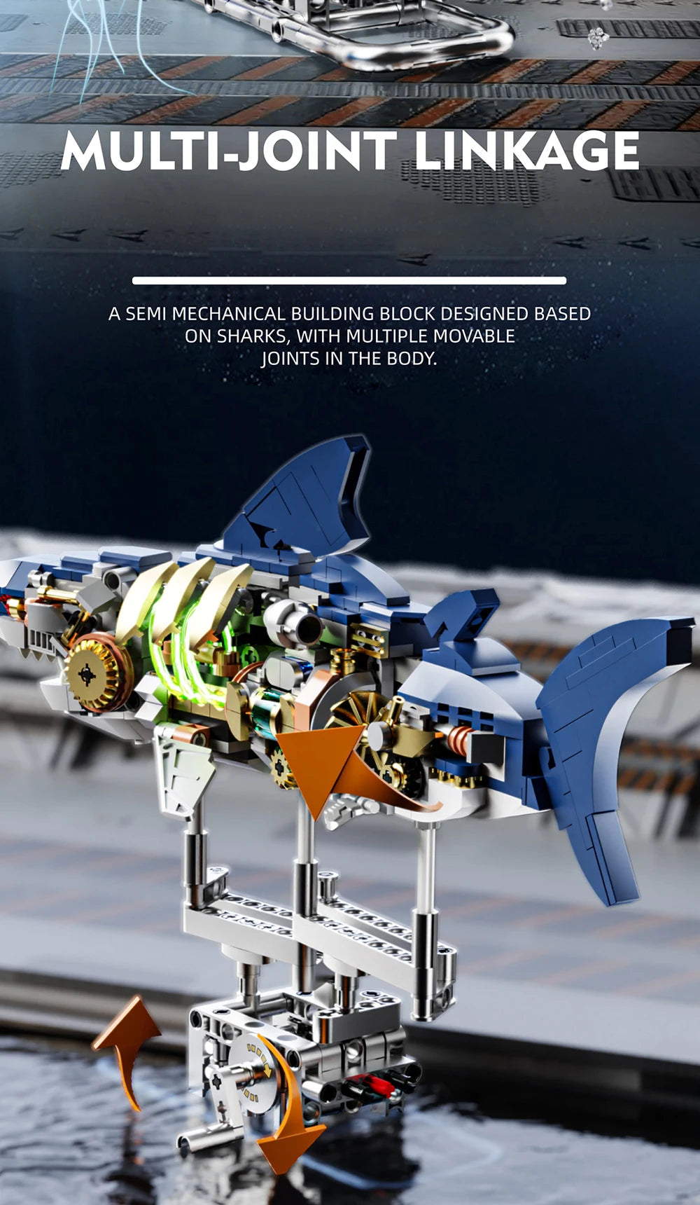 A detailed mechanical shark building block designed with multi-joint linkage, shown assembled on a platform.