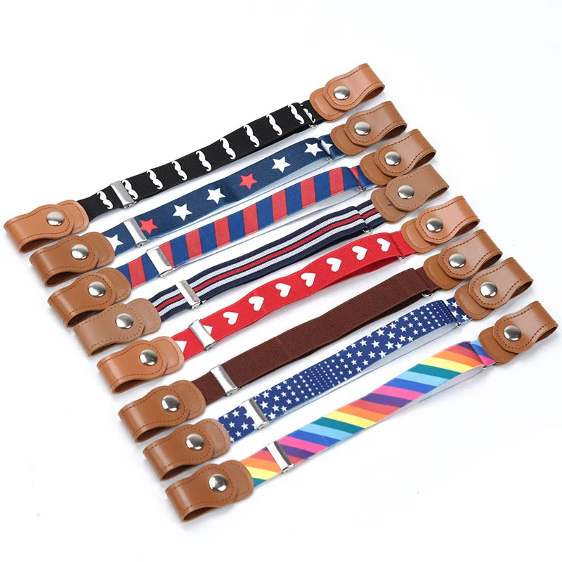 A collection of colorful canvas belts with elastic stretch in various stripes and patterns.