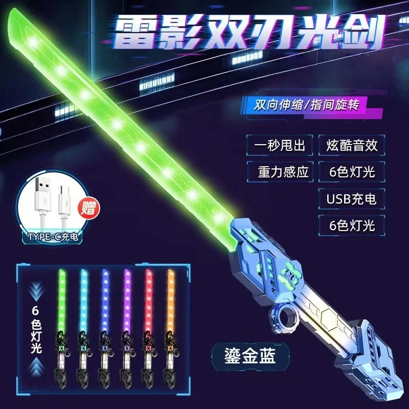 A bright green LED light-up dual-head rotating laser sword toy with sound effects and multiple light modes.