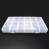 A clear plastic storage box with multiple compartments and dividers for organizing jewelry or craft supplies.