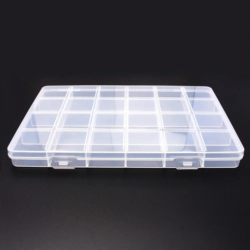 A clear plastic storage box with multiple compartments and dividers for organizing jewelry or craft supplies.