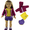 A doll wearing a purple jacket, yellow shirt, and purple shorts, with matching hoodie and leggings displayed separately.