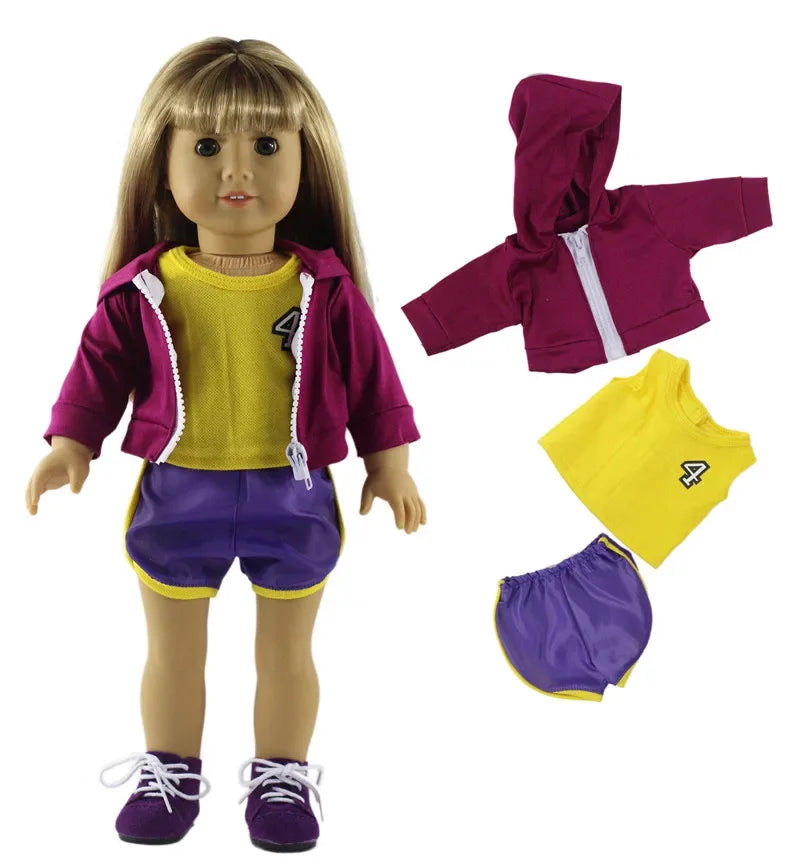 A doll wearing a purple jacket, yellow shirt, and purple shorts, with matching hoodie and leggings displayed separately.