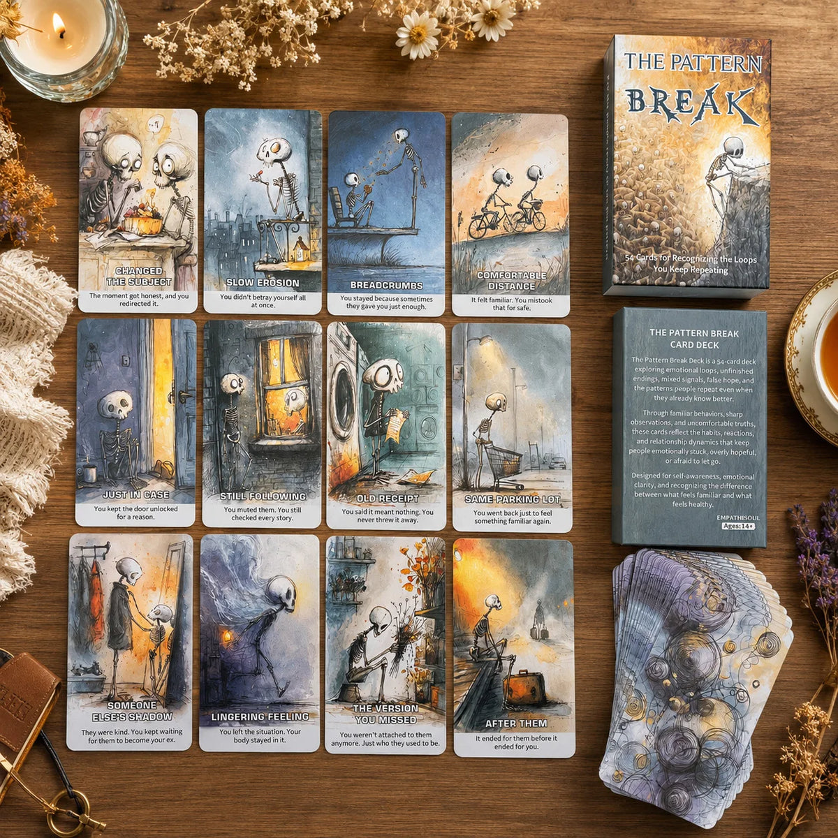 A collection of tarot-style oracle cards featuring various figures and scenes for self-discovery