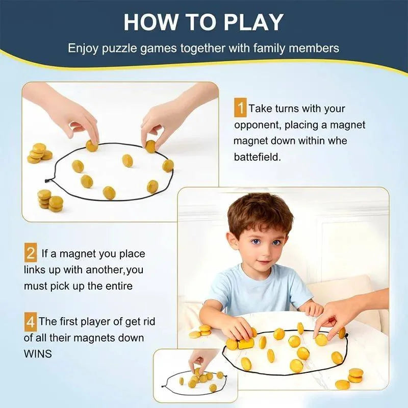 Instructions pour jouer à un jeu de stratégie magnétique où les joueurs placent des aimants sur un champ de bataille pour gag