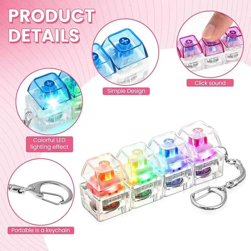 A set of four colorful LED light-up keyboard fidget toys attached to a keychain.