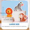 A set of fridge magnets featuring animals like a tiger and a zebra displayed on a white stand.