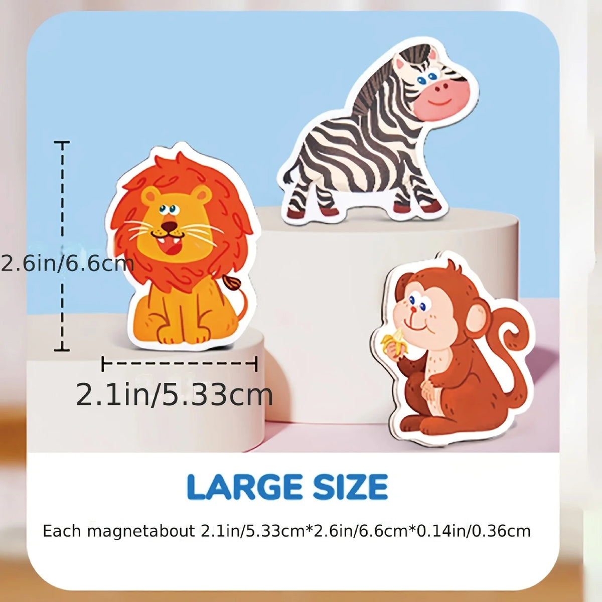 A set of fridge magnets featuring animals like a tiger and a zebra displayed on a white stand.