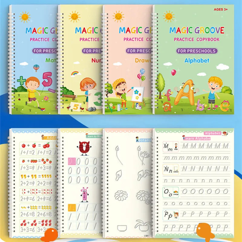 A set of five colorful Magic Groove practice copybooks for preschoolers and alphabets.