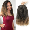 A woman models pre-looped passion twist crochet hair in a reddish-maroon color with natural brown highlights.