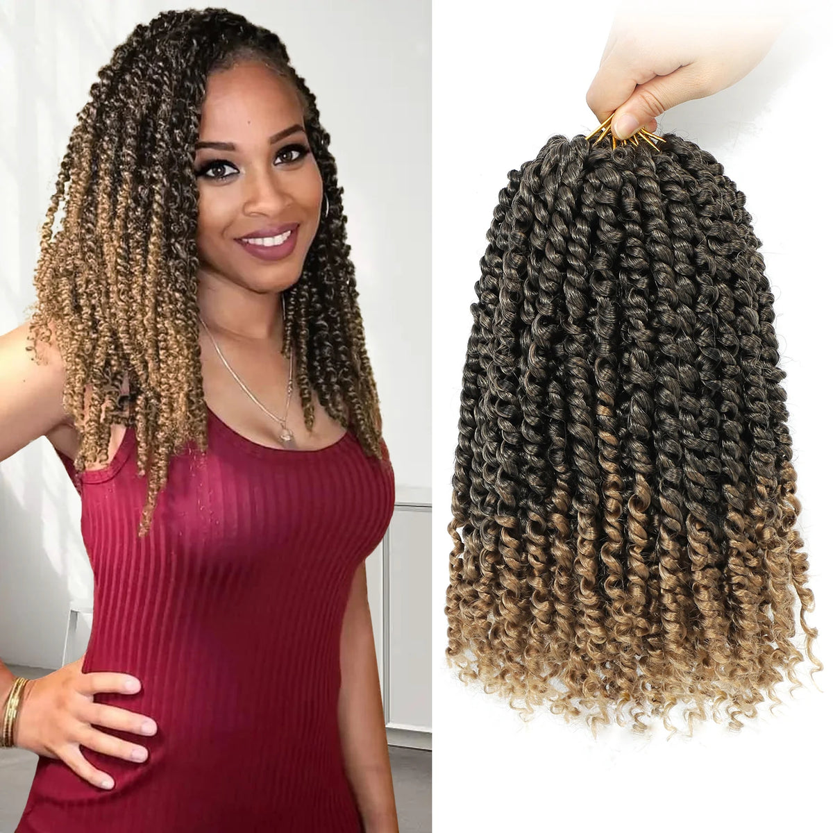 A woman models pre-looped passion twist crochet hair in a reddish-maroon color with natural brown highlights.