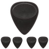 A set of five black non-slip nylon guitar picks are shown in various angles.